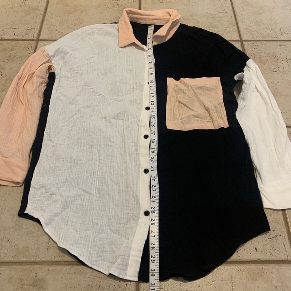 Colorblock Cotton Crinkle Oversized Button Down Shirt Size Large - Picture 4 of 5